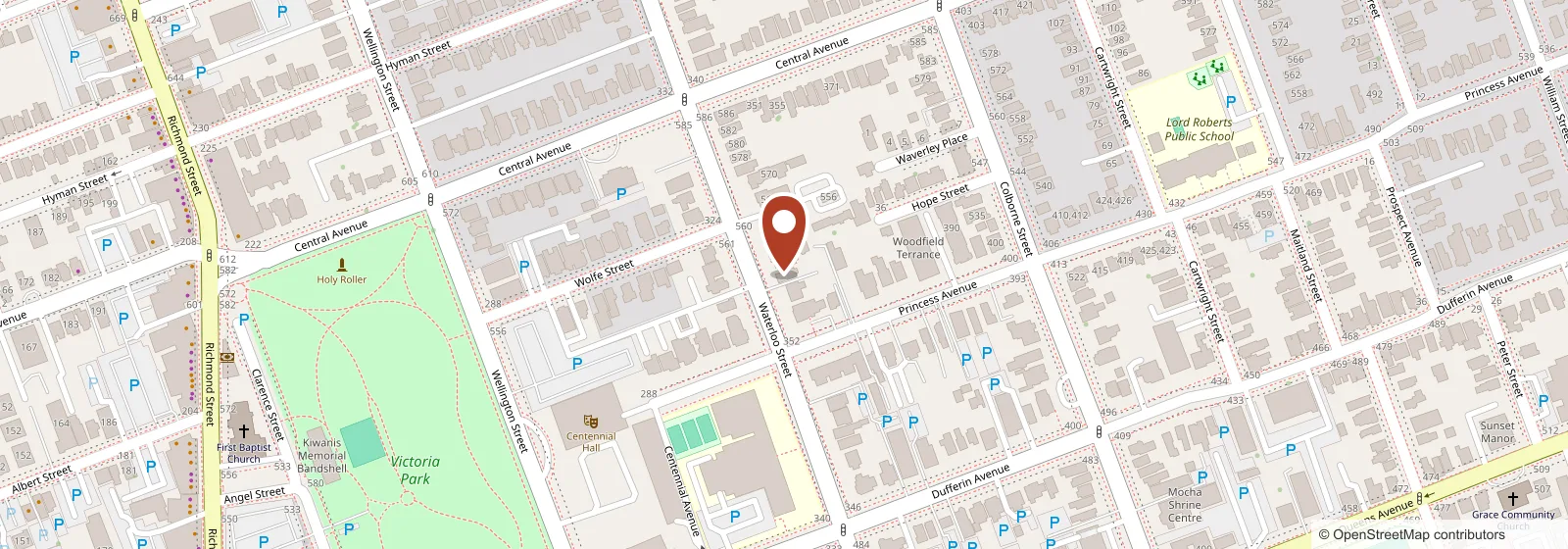 Map showing 562 endodontics at 562 Waterloo St, London, Ontario