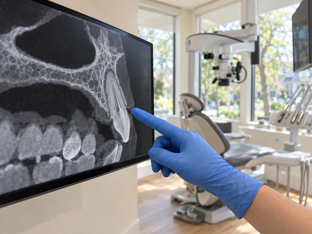 AI-generated support image of a gloved hand indicating a generic CBCT view on a monitor