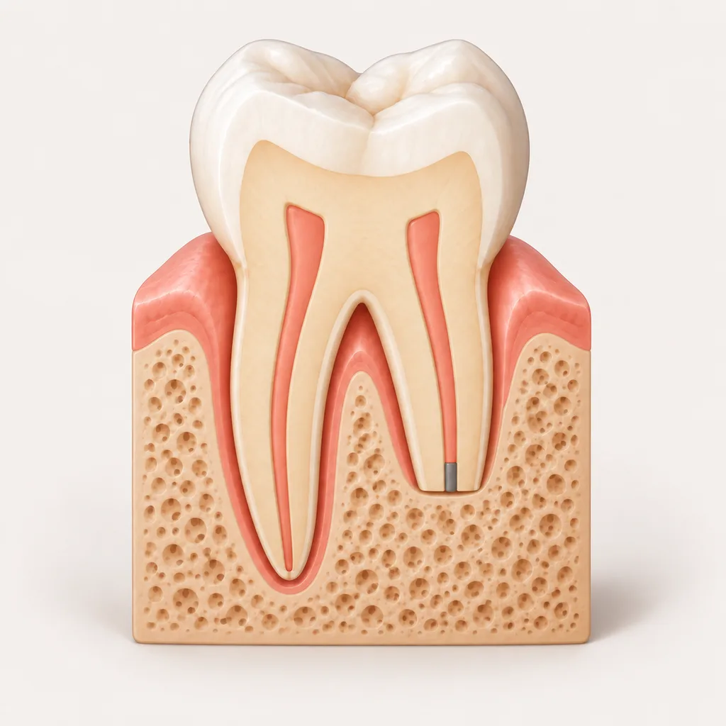 Cross-section illustration of healed bone around a sealed root tip after apical surgery