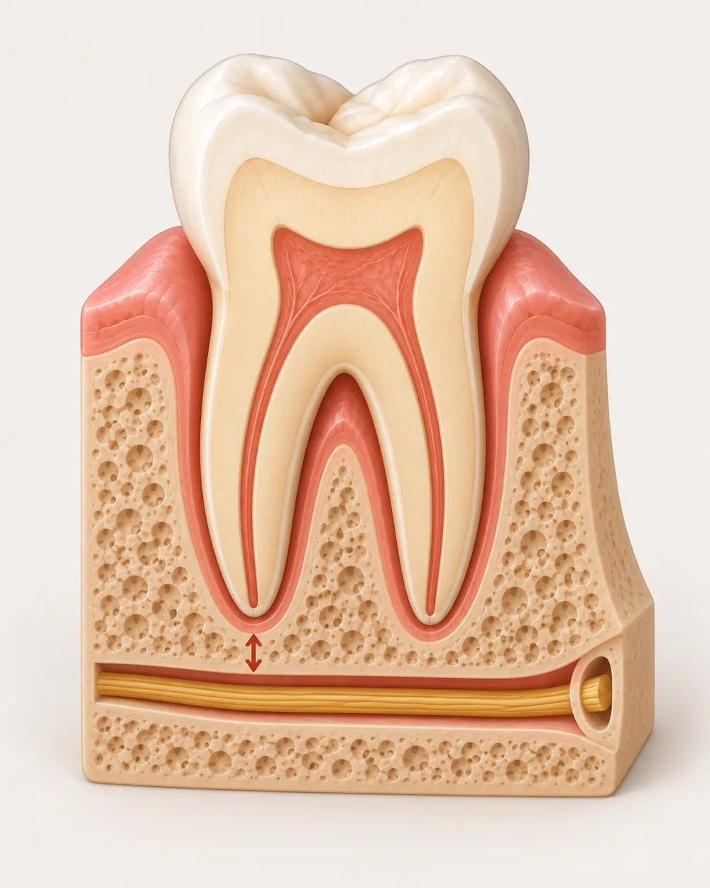 Cross-section illustration of a lower molar root apex near the inferior alveolar nerve canal