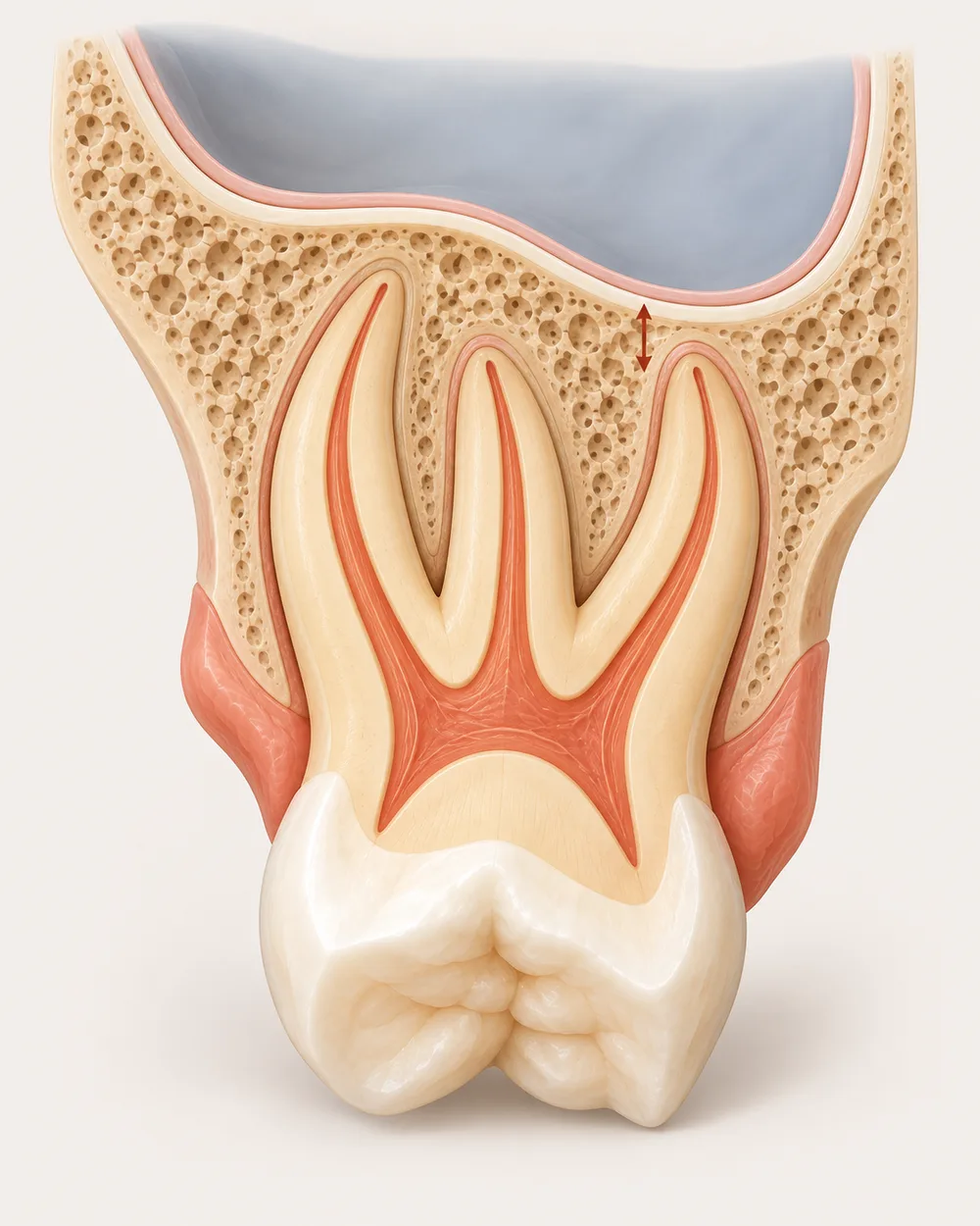 Cross-section illustration of an upper molar root apex close to the maxillary sinus floor
