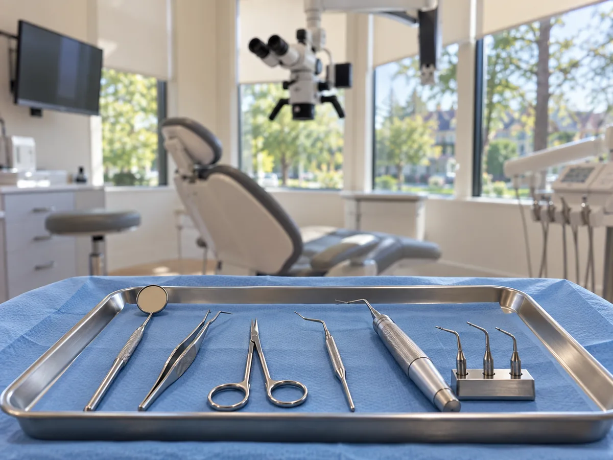 AI-generated support image of a sterile microsurgical instrument tray in a dental treatment room