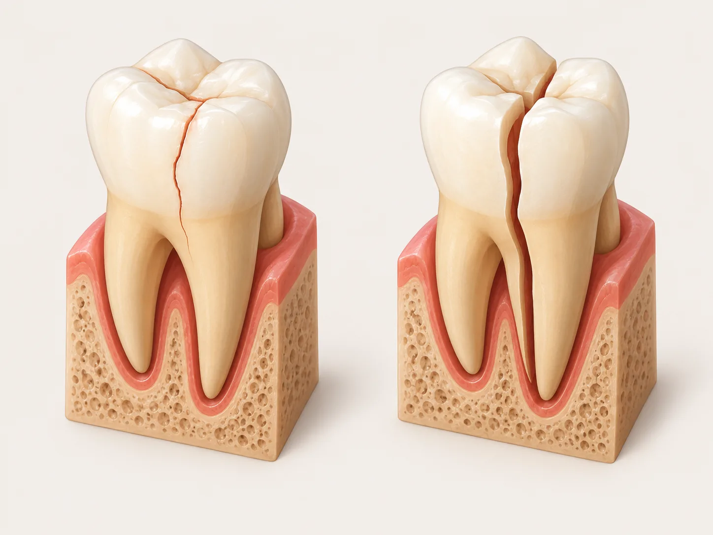 Illustration comparing an incompletely cracked molar with a fully split molar