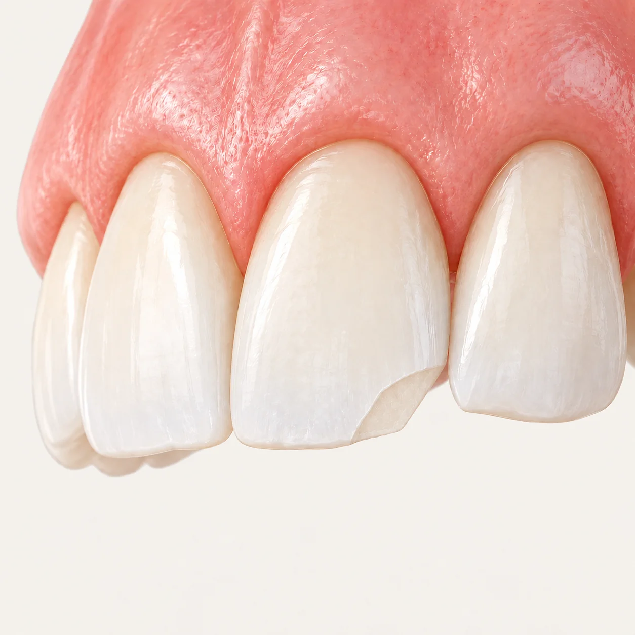 Educational illustration of a chipped upper incisor with a flat solid dentin fracture surface