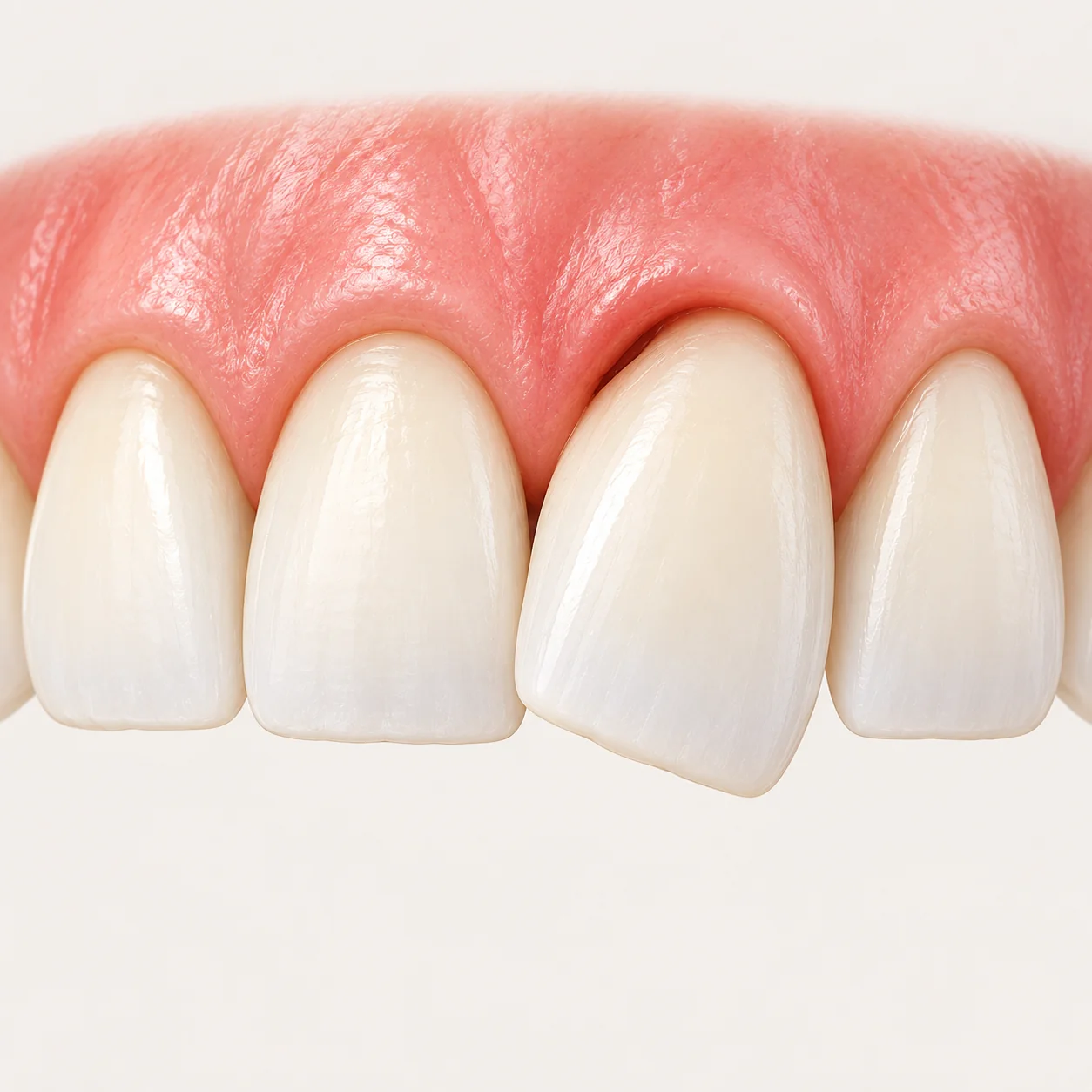 Educational illustration of a displaced upper central incisor beside normally aligned neighboring teeth