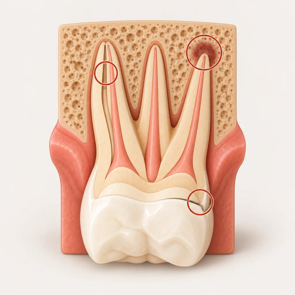 Cross-section illustration of a root-filled molar showing a missed canal, coronal leakage and periapical infection