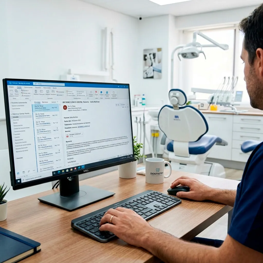 Clinician typing a post-treatment report on a computer