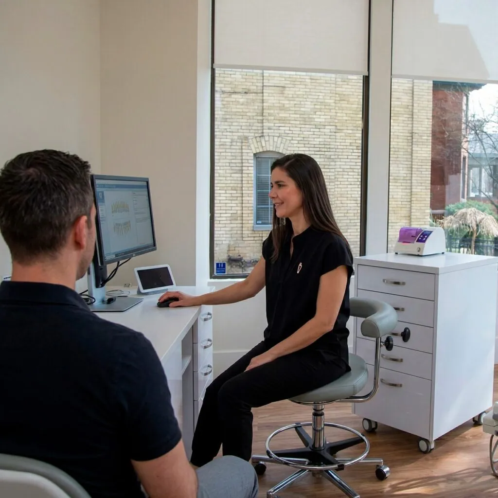 Doctor consulting with a patient in front of monitors
